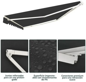 Toldo retrátil 3,6 x 3 m em alumínio com manivela e poliéster impermeável para exterior Cinzento