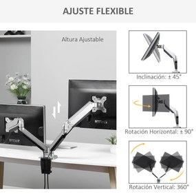Vinsetto Suporte para Monitor Duplo para Telas LED LCD de 13"-32" Polegadas VESA 75/100mm com Braçadeira Ajustável Giratório 360° e 2 Opções de Montagem 93x11x47cm Prata
