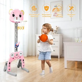Brinquedo de cesto de basquetebol e futebol com altura ajustável e formato de urso 3 em 1 centro de atividades para crianças rosa
