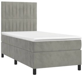 Cama box spring c/ colchão/LED 90x190 cm veludo cinzento-claro