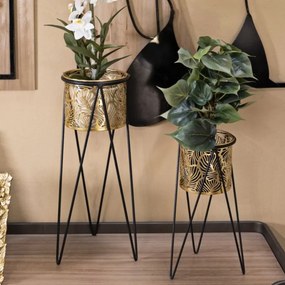 CONJUNTO DE 2 PORTA-VASOS DRAK DOURADO E PRETO 21X20X46-18X18X32 CM (PLANTAS NÃO INCLUIDAS)