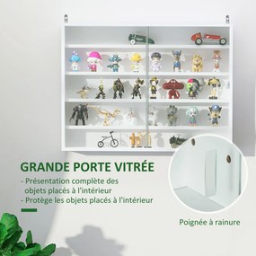 Vitrine de parede para objetos de coleção 80 x 9,5 x 60 cm,, com 4 prateleiras ajustáveis em altura e 2 portas de correr, branca
