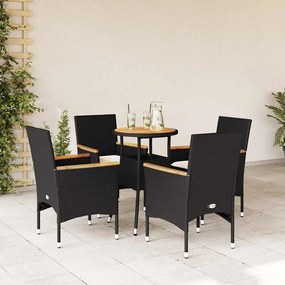 vidaXL 5 pcs conjunto jantar jardim c/ almofadões vime PE/acácia preto
