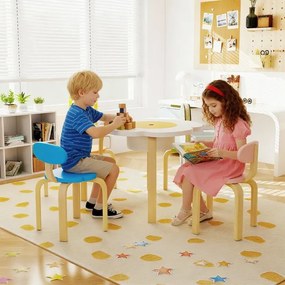 Conjunto de mesa infantil em forma de flor com 2 cadeiras e 2 bancos coloridas e arrumação debaixo da mesa de madeira para atividades artísticas e man