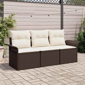 Conjunto de Sofá de Jardim vidaXL 3 Peças com Almofadas Castanho Polí Rattan
