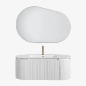 Conjunto De Móveis De Casa De Banho Em Madeira Com Lavatório Integrado Carsone Branco & Sem Unidade Auxiliar & Oval Led E Anti-embaciamento - Sklum