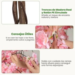 Árvore de Cerejeira Artificial de 163 cm com flores em tons degradés e tronco de madeira, vaso de cimento para interior Rosa