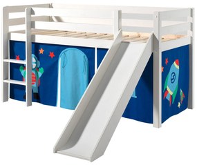 Conjunto Cama alta de Criança PINO 90 x 200 cm + estrado + escada + escorrega + cortina Astronauta branca
