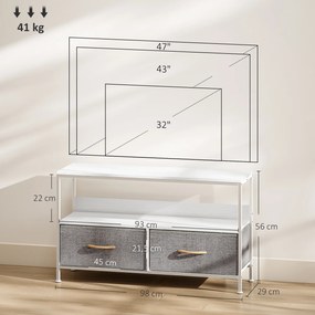 Móvel de TV com Prateleira e 2 Gavetas de Tecido Dobráveis para Televisores até 47 Polegadas  98x29x56 cm Branco e Cinza