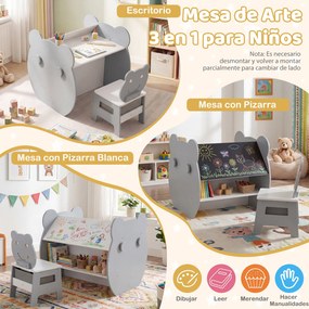 Mesa e cadeira infantil 3 em 1 com tema de urso, secretária infantil com quadro de giz de dupla face, estante, ganchos e gaveta, para crianças dos 3 a