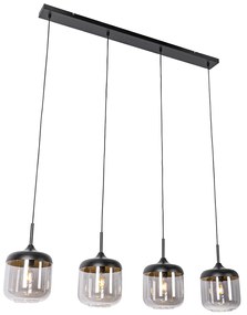 Candeeiro de suspensão design preto com dourado e vidro fumê 4-luzes - Kyan