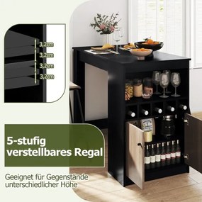 Mesa de bar, cozinha com prateleiras para vinhos 120 x 60 x 91,5 cm e compartimentos abertos e 2 portas, para 2 pessoas Preto + Cinza
