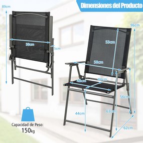 Conjunto de 2 cadeiras de jardim dobráveis com encosto alto Cadeira de jardim exterior portátil em metal de tecido resistente Pretas