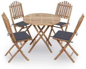 vidaXL 5 pcs conj. de jantar dobrável c/ almofadões p/ exterior bambu