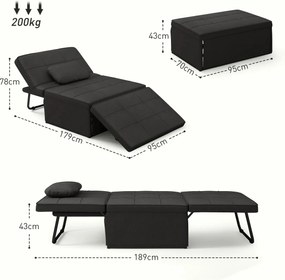 Sofá-Cama "Açores" 3 em 1 - Preto - 95x179x78 cm - Linho e Metal - Des