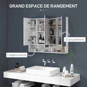 Armário de parede para casa de banho com espelho, com 3 portas espelhadas, prateleiras ajustáveis, 90 x 15 x 75 cm, branco