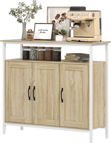 Aparador 100 x 35 x 88 cm, móvel de arrumação de cozinha ou sala com 3 portas, compartimento aberto e 4 prateleiras ajustáveis, madeira cor natural