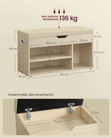 Banco sapateira com 3 compartimentos abertos 30 x 80 x 44 cm Bege natural
