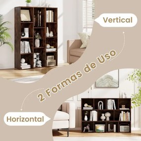 Estante com 11 cubos 74 x 24 x 105 cm para livros vertical ou horizontal em madeira Castanho