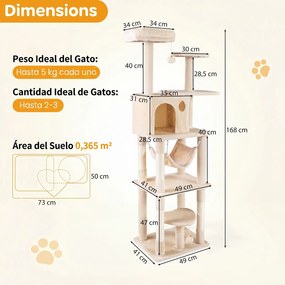 Árvore para Gatos Multinível, 73 x 50 x 168 cm, Postes de Arranhar em Sisal, Bege