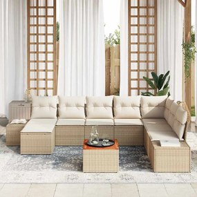 Conjunto de Sofá de Jardim 9 Peças com Almofadas Beiges em Rattan Poli