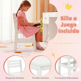 Conjunto de Toucador Infantil e Cadeira, 86 x 39,5 x 92 cm, Espelho com Luzes Coloridas, Branco