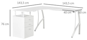 Mesa de canto para computador Mesa em formato de L com 3 gavetas Mesa moderna para escritório 143,5x143,5x76 cm Branco