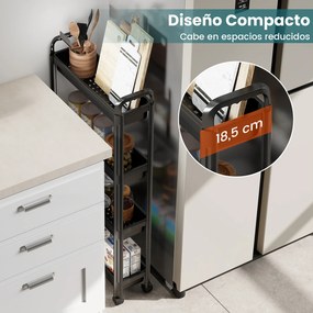 Carrinho estreito de 4 níveis com rodas e pegas 54 × 18,5 × 103 cm Organizador móvel para cozinha, casa de banho, lavandaria e escritório Preto