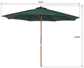 Chapéu de Sol Ø300x250cm Chapéu de Sol com Mastro de Madeira com 8 Has