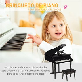 Mini piano infantil com banco 30 teclas com suporte para partitura 52x50x49 cm preto