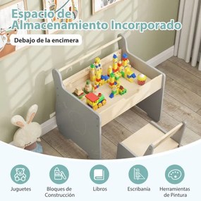 Conjunto de mesa e cadeira infantil de madeira 2 em 1 para crianças com tabuleiro removível, cinzento