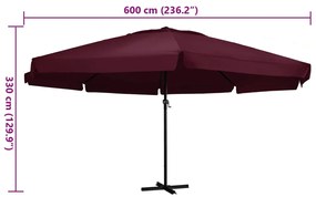 Guarda-sol de jardim com poste de alumínio 600 cm bordô