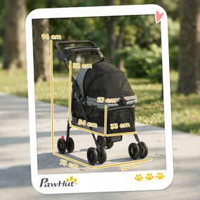 Carrinho para Cães Dobrável de 4 Rodas EVA Giratório com Travão Janelas de Rede Almofada Lavável Porta-Copos Cinzento