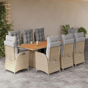 vidaXL 9 pcs conj. jantar jardim c/ almofadões vime PE bege misturado