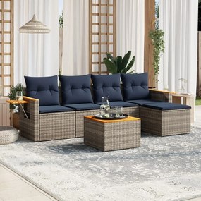 6 pcs conjunto sofás p/ jardim c/ almofadões vime PE cinzento