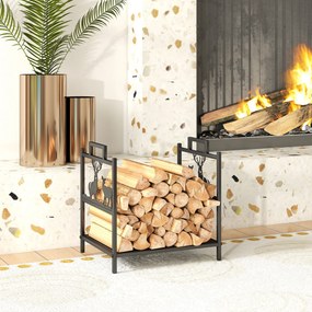 Suporte para Lenha em Metal com Pegas 42,5x33,5x43 cm para Lareira Jardim e Terraço Preto