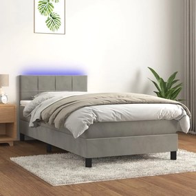 Cama box spring c/ colchão/LED 100x200 cm veludo cinzento-claro