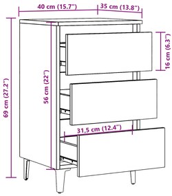 Mesa de cabeceira c/ pernas metal 40x35x69cm carvalho artisiano