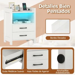 Mesa de cabeceira 45 x 35 x 60 cm com luzes LED e tomadas com 2 gavetas e prateleira aberta Branca