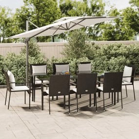 9 pcs conjunto de jantar p/ jardim c/ almofadões vime PE preto