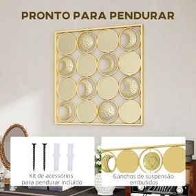 Decoração de Parede Metálica de Fases Lunares 67,9x67,9 cm com 16 Discos para Sala Quarto Corredor Dourado
