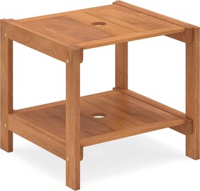 Mesa apoio de madeira para jardim com 2 níveis de arrumação e orifício para guarda-sol de 4 cm (51 x 48 x 45 cm), ideal para pátio, terraço ou varanda