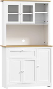 HOMCOM Armário de cozinha estilo rústico, 1 vitrine, 1 prateleira aberta, 1 gaveta, 2 armários, natural + branco | Aosom Portugal