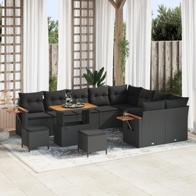 Conjunto de Sofás de Jardim de 12 Peças com Almofadas Preto Rattan Poliéster Acácia