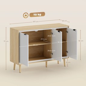 Aparador, móvel de arrumação com 3 portas 107 x 35 x 77 cm, prateleiras ajustáveis, , branco e cor carvalho