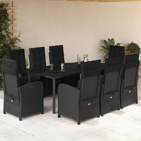 9 pcs conjunto de jantar p/ jardim c/ almofadões vime PE preto