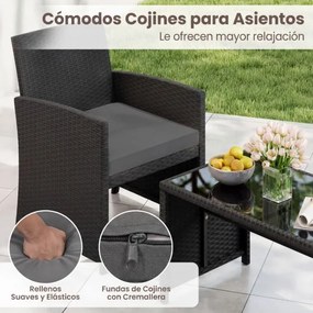 Conjunto de jardim em rattan com 4 peças: sofás de 2 lugares, mesa de vidro temperado e almofadas para exterior, varanda ou piscina, Preto+cinzento
