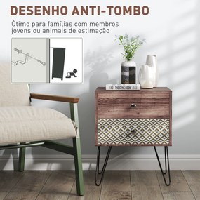 Mesa de Cabeceira com 2 Gavetas Pés de Aço Estilo Boémio Mesa de Cabeceira para Quarto Sala de Estar 45x39x55,5 cm Castanho