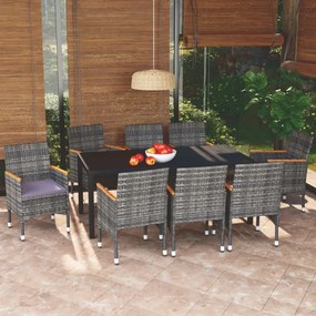 vidaXL 9 pcs conjunto jantar p/ jardim c/ almofadões vime PE cinzento