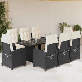 9 pcs conjunto de jantar p/ jardim c/ almofadões vime PE preto